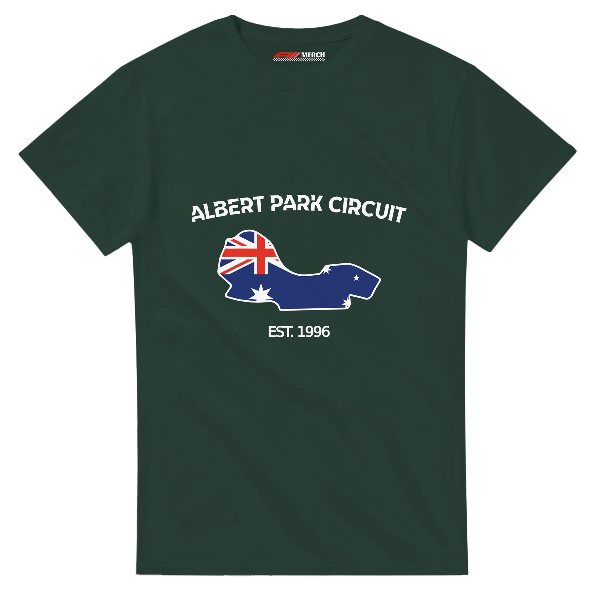 f111 merch forest-green color t-shirt1 with albert-park-circuit branding.