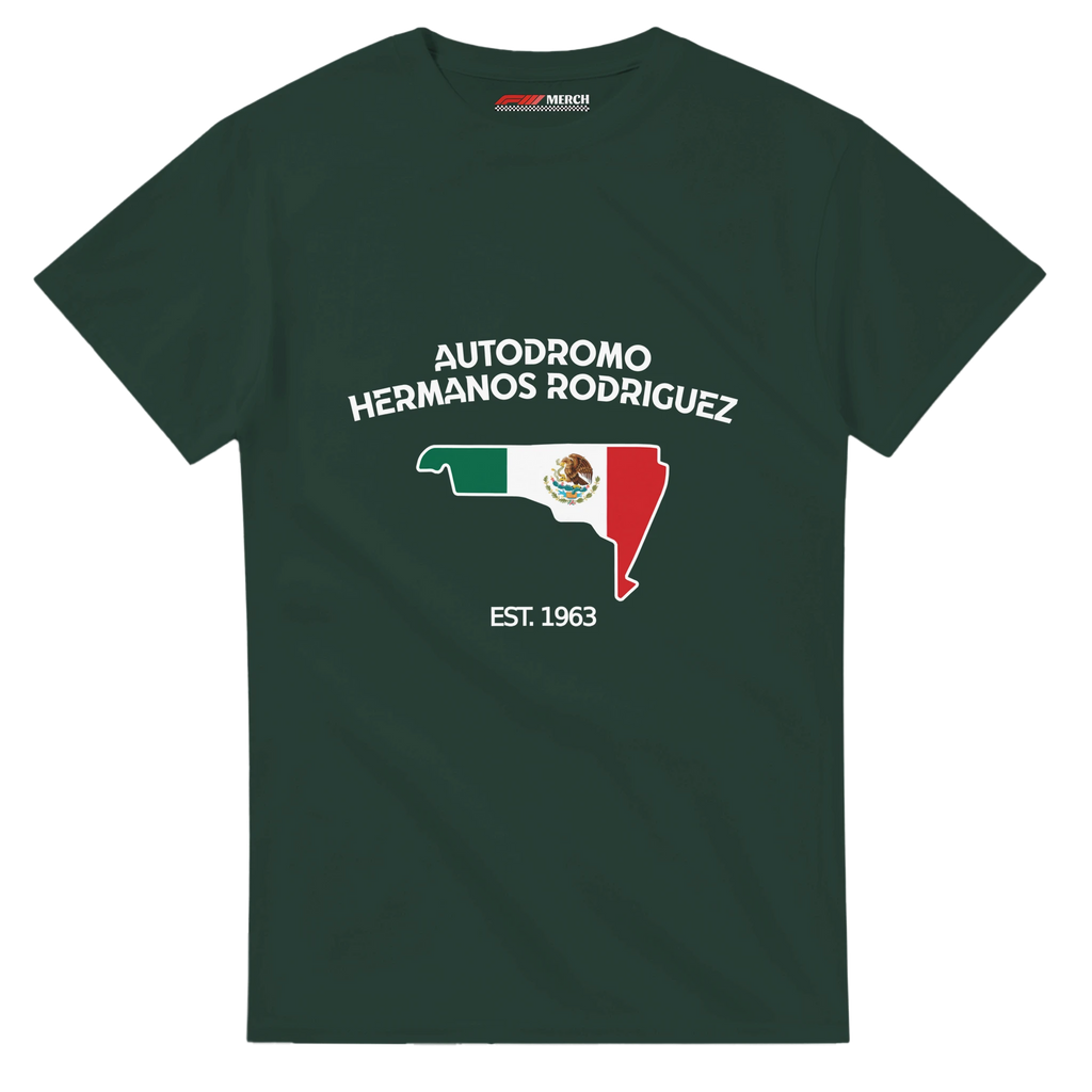 f111 merch forest-green color t-shirt1 with autodromo-hermanos-rodriguez branding.