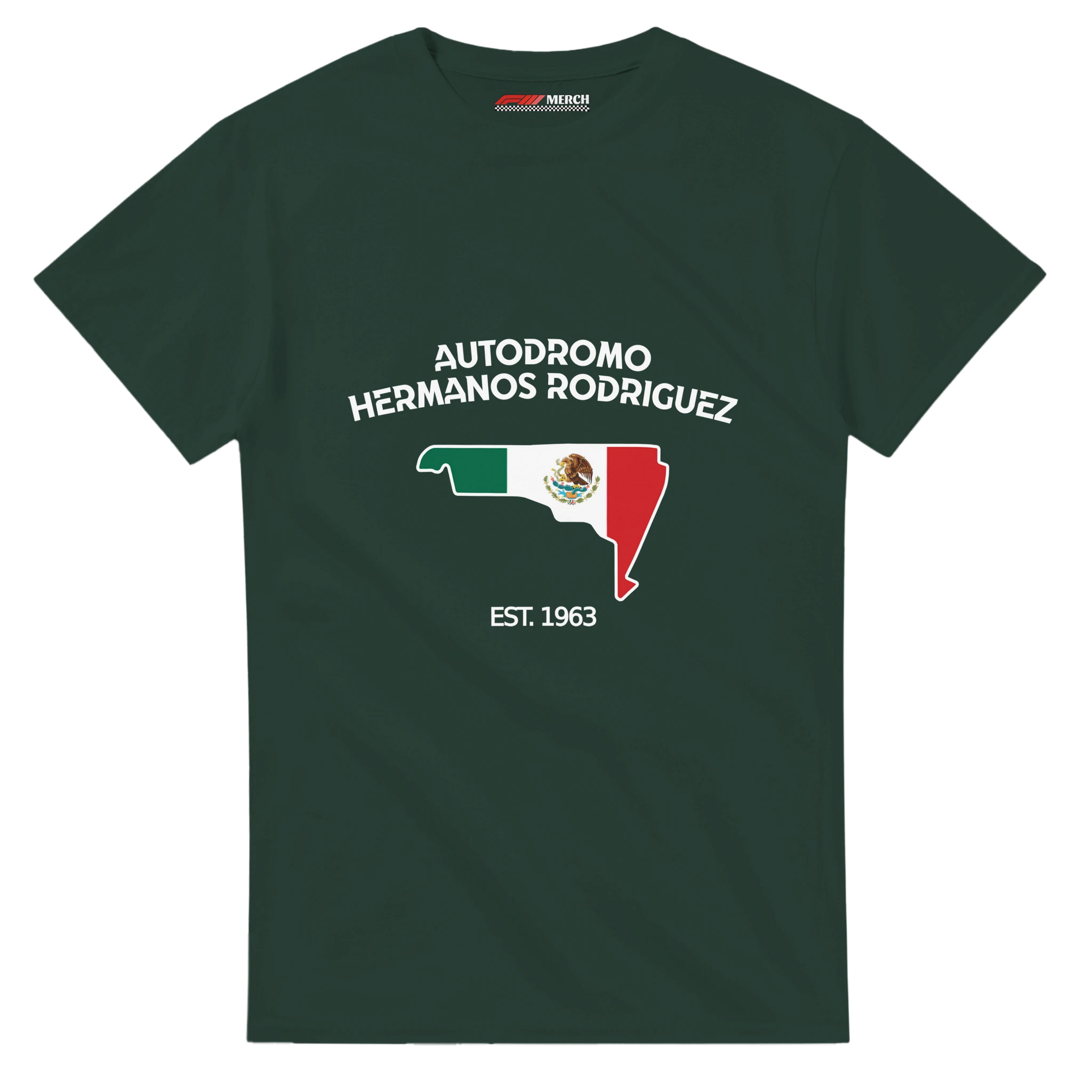 f111 merch forest-green color t-shirt1 with autodromo-hermanos-rodriguez branding.