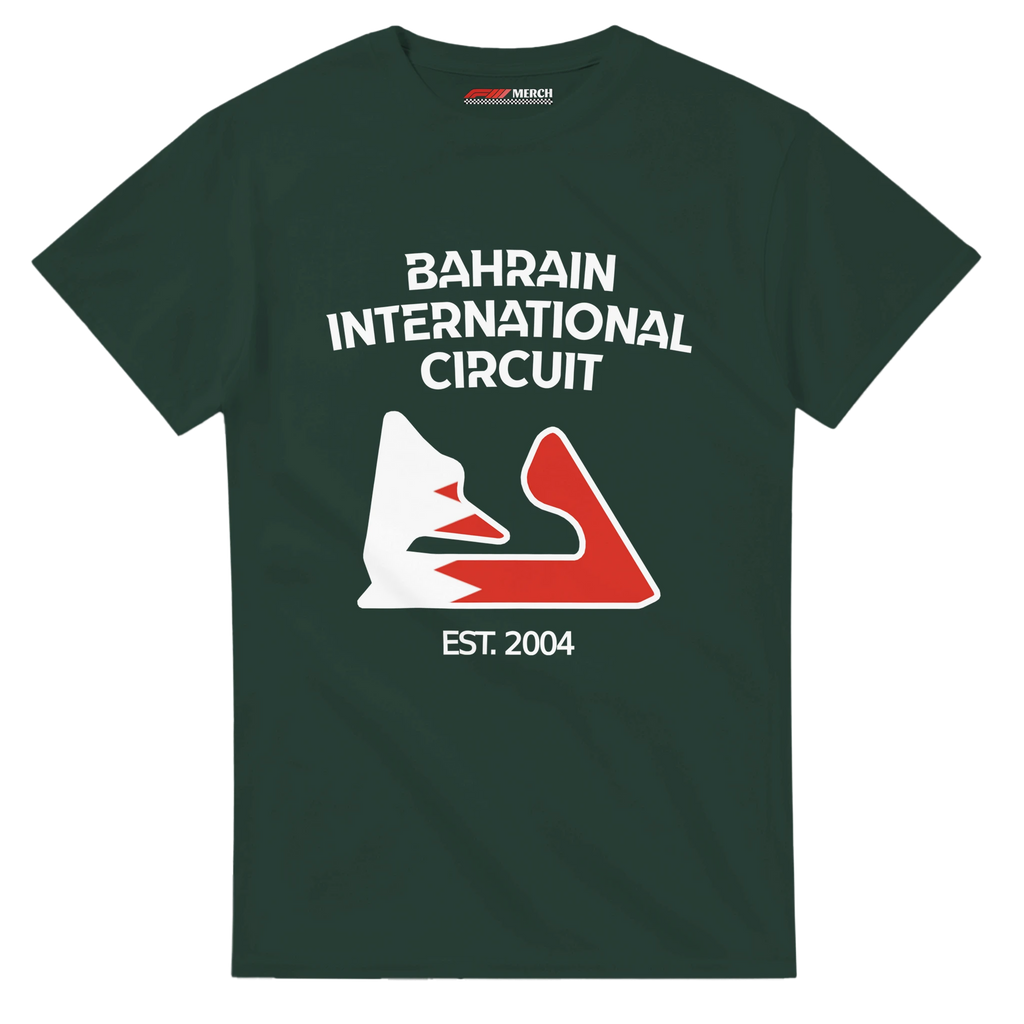 f111 merch forest-green color t-shirt1 with bahrain-international-circuit branding.