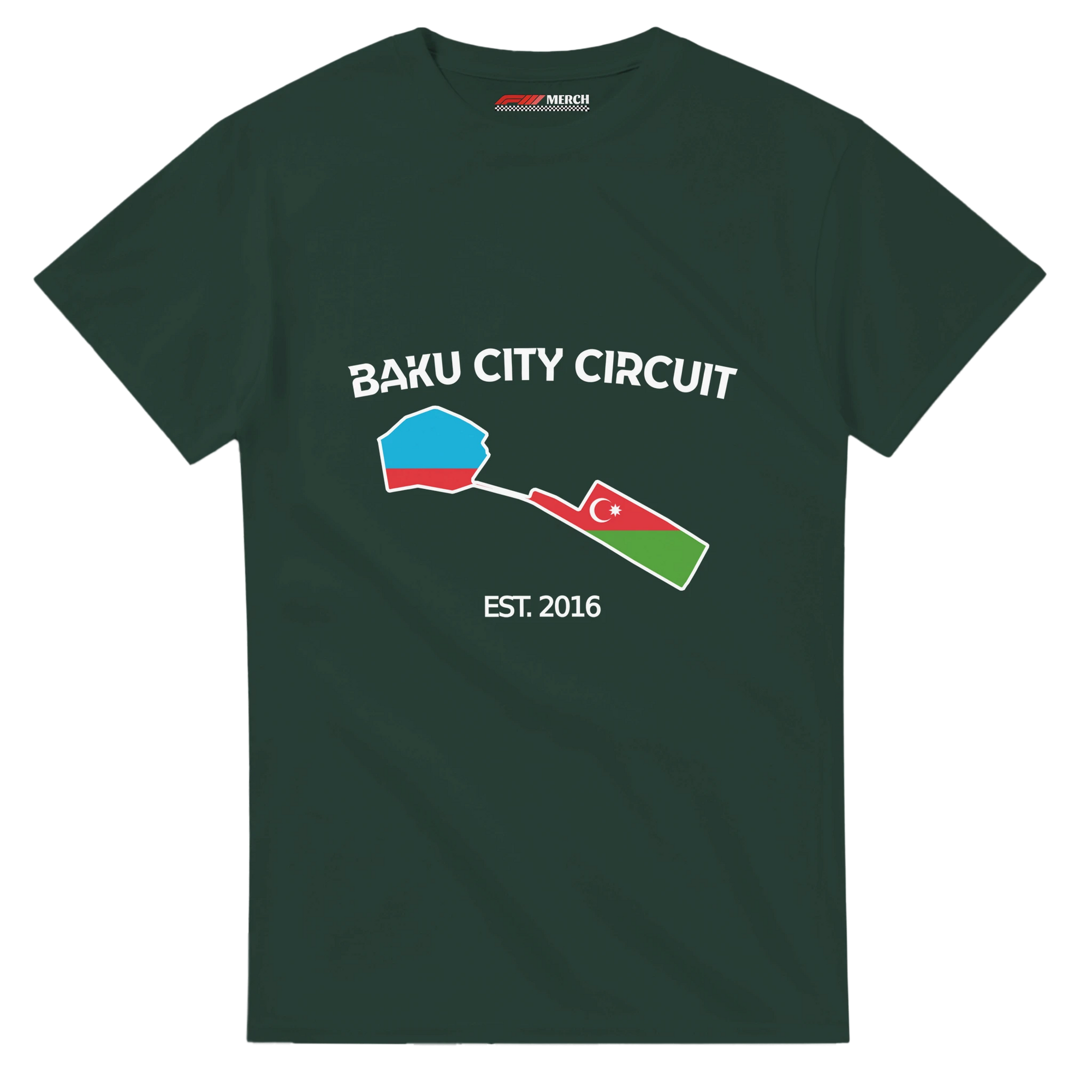 f111 merch forest-green color t-shirt1 with baku-city-circuit branding.