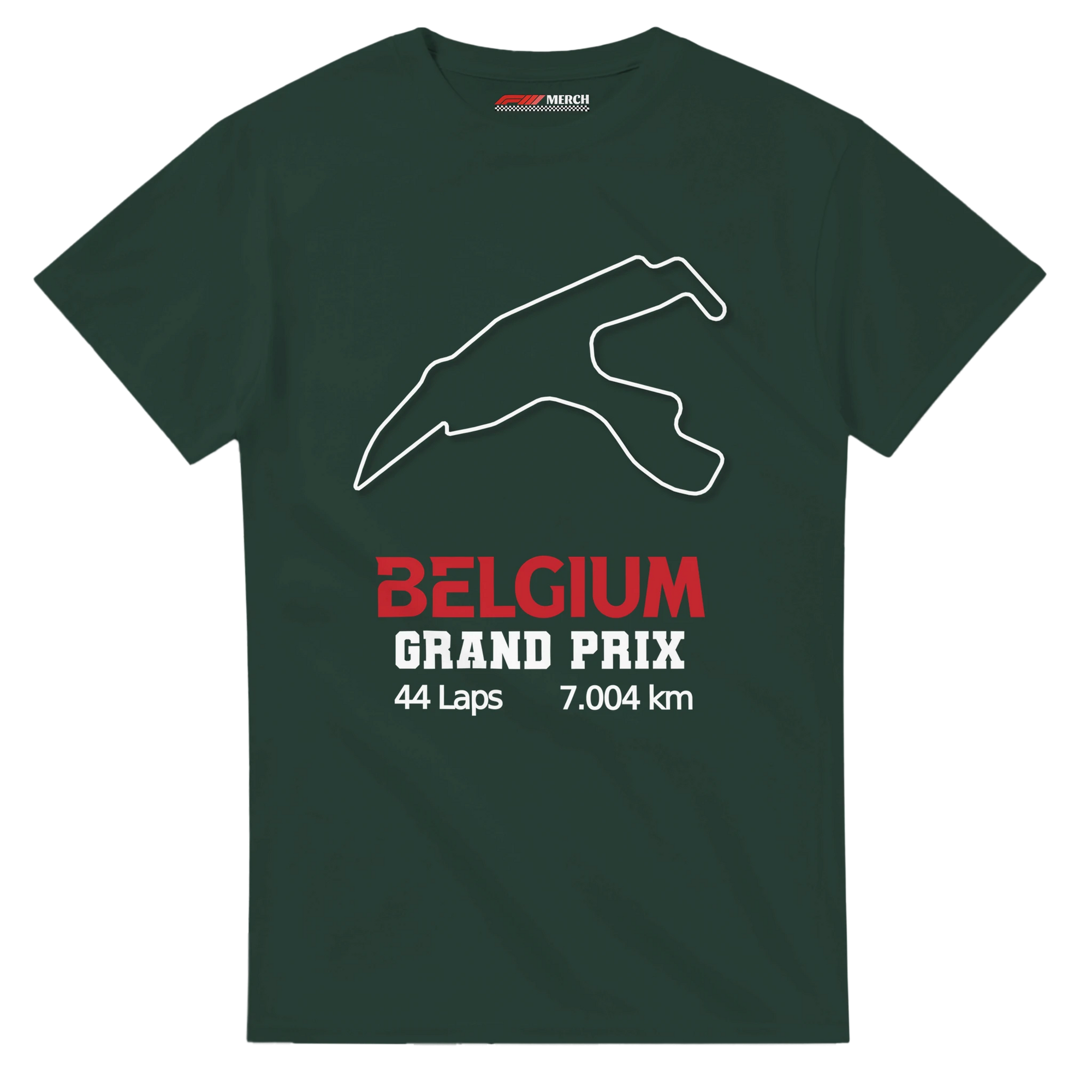 f111 merch forest-green color t-shirt1 with belgium-grand-prix branding.