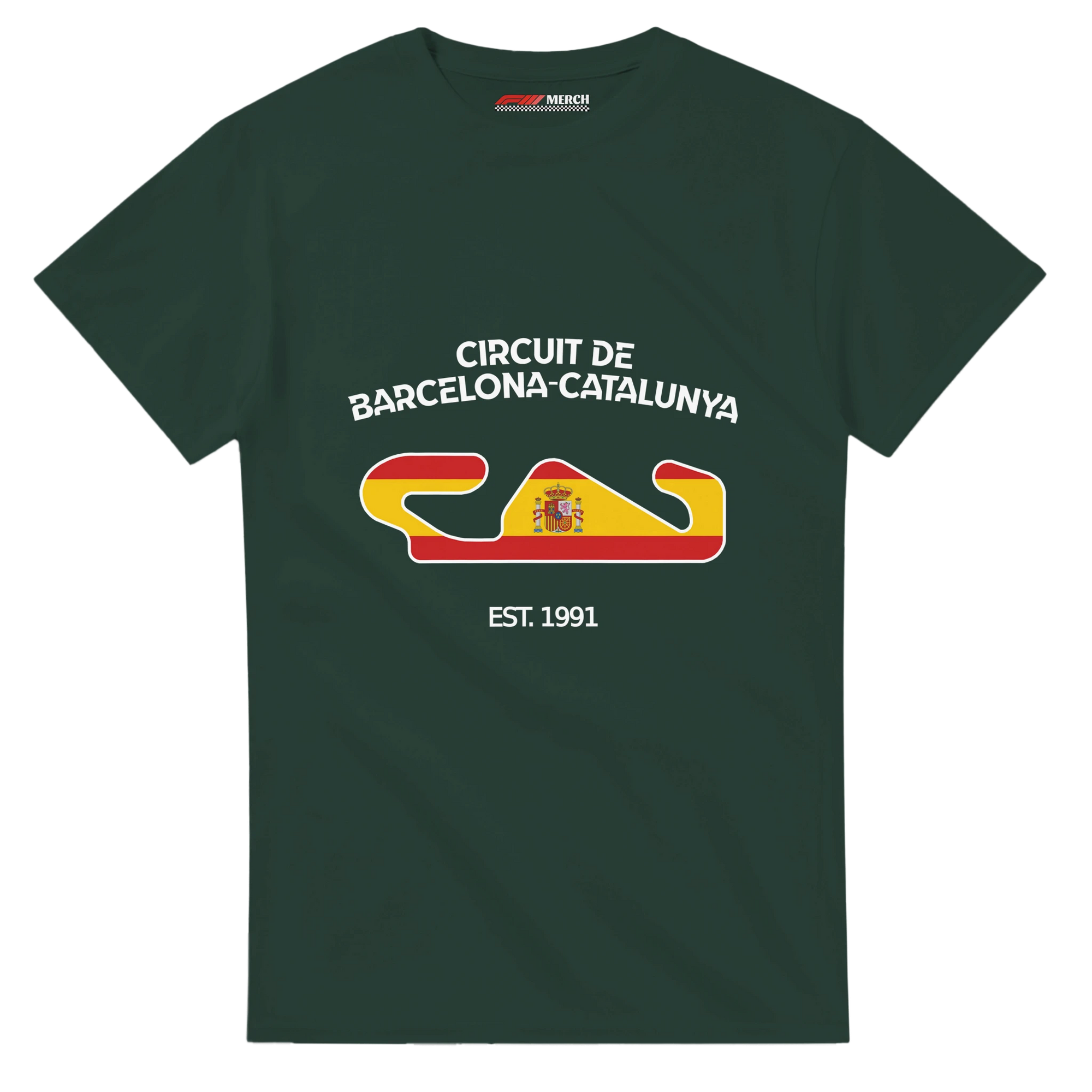 f111 merch forest-green color t-shirt1 with circuit-de-barcelona-catalunya branding.