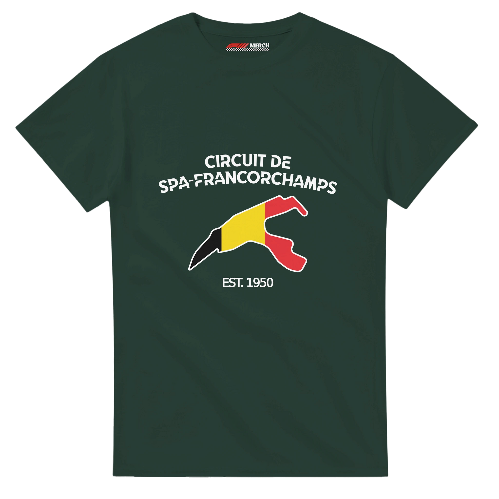 f111 merch forest-green color t-shirt1 with circuit-de-spa-francorchamps branding.