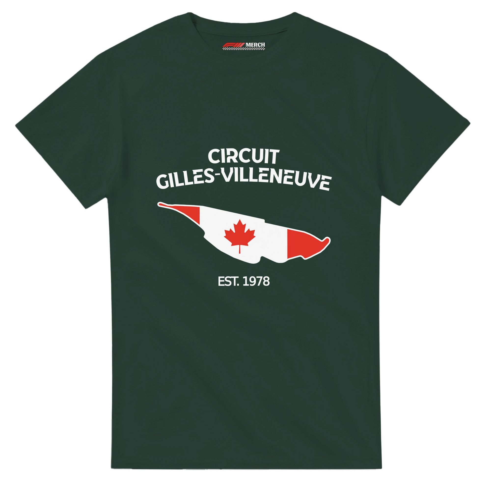 f111 merch forest-green color t-shirt1 with circuit-gilles-villeneuve branding.