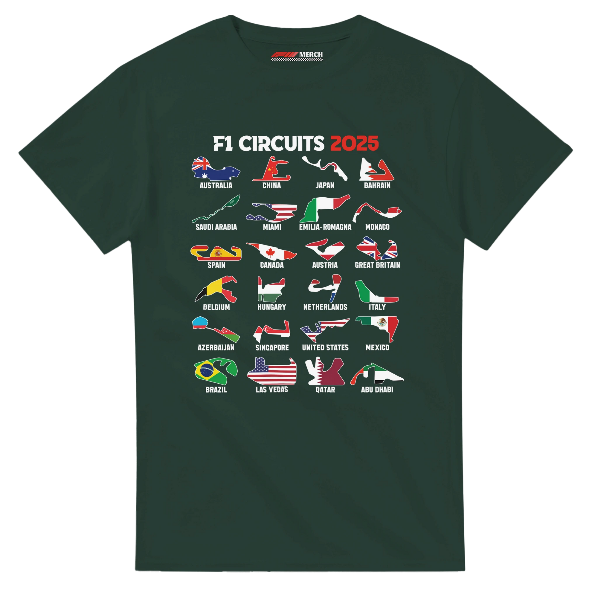 f111 merch forest-green color t-shirt1 with f1-circuits-2025-v2 branding.