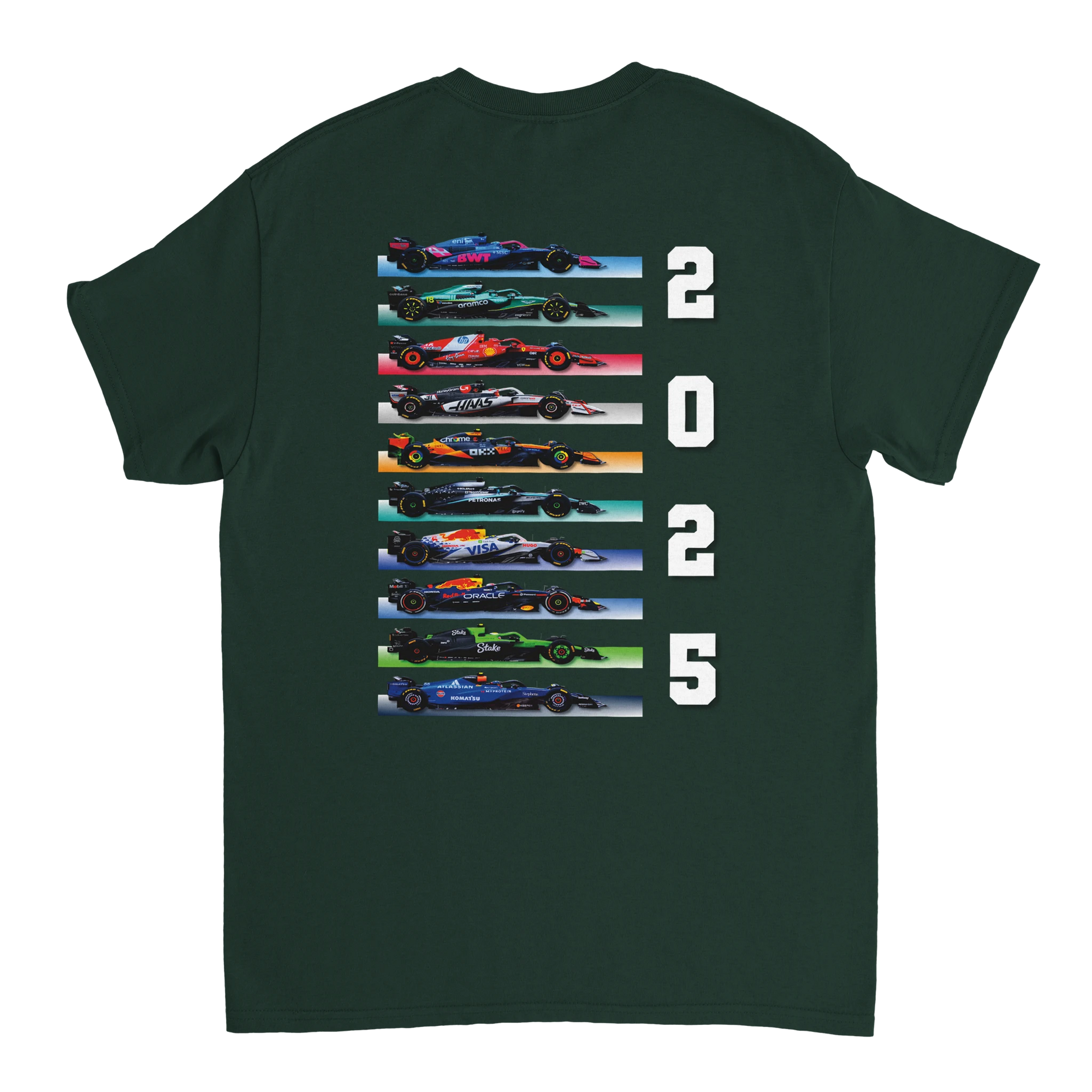 f111 merch forest-green color t-shirt1 with f1-teams-2025 branding.