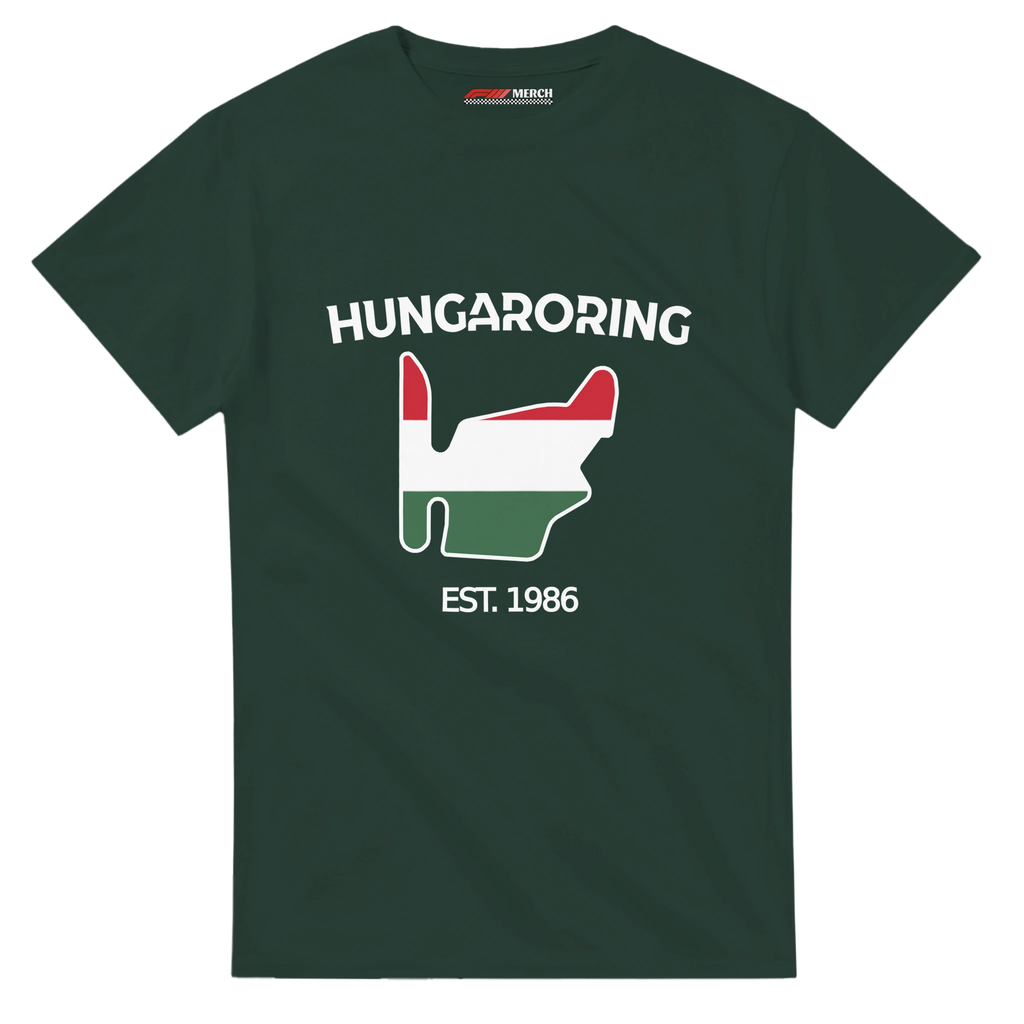 f111 merch forest-green color t-shirt1 with hungaroring branding.