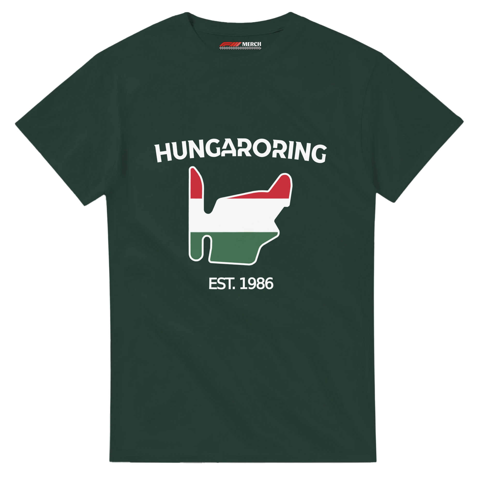 f111 merch forest-green color t-shirt1 with hungaroring branding.