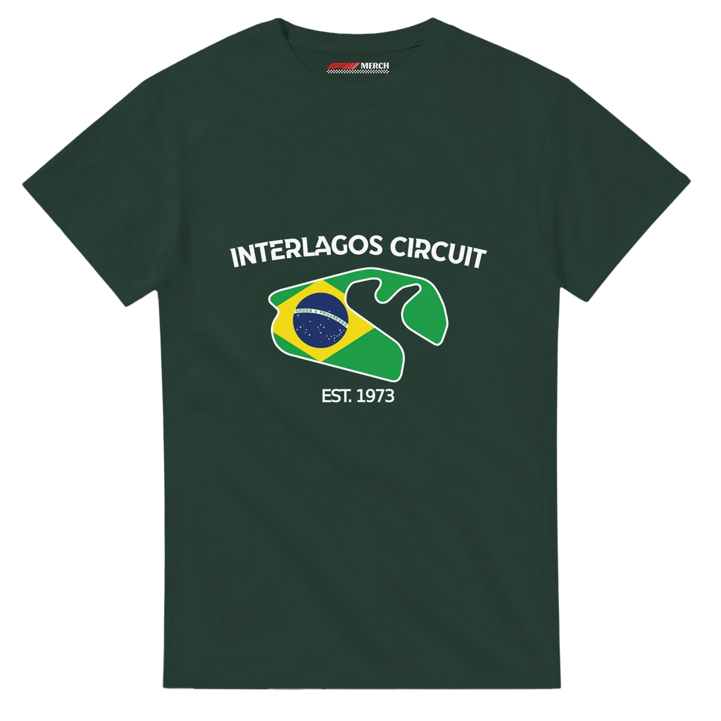 f111 merch forest-green color t-shirt1 with interlagos-circuit branding.
