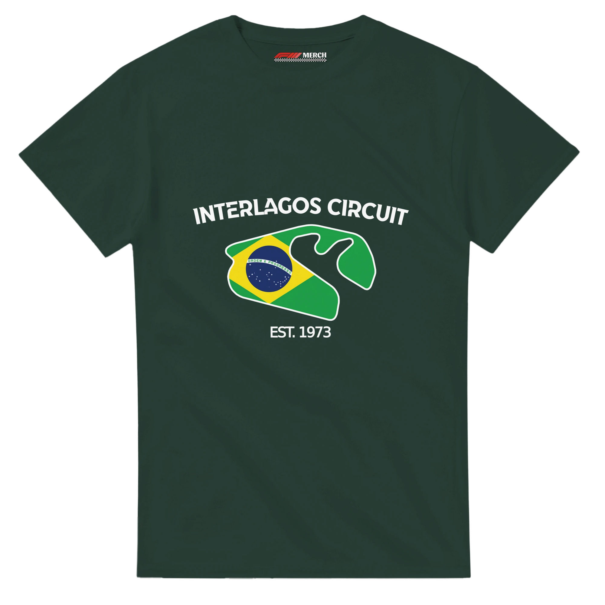 f111 merch forest-green color t-shirt1 with interlagos-circuit branding.