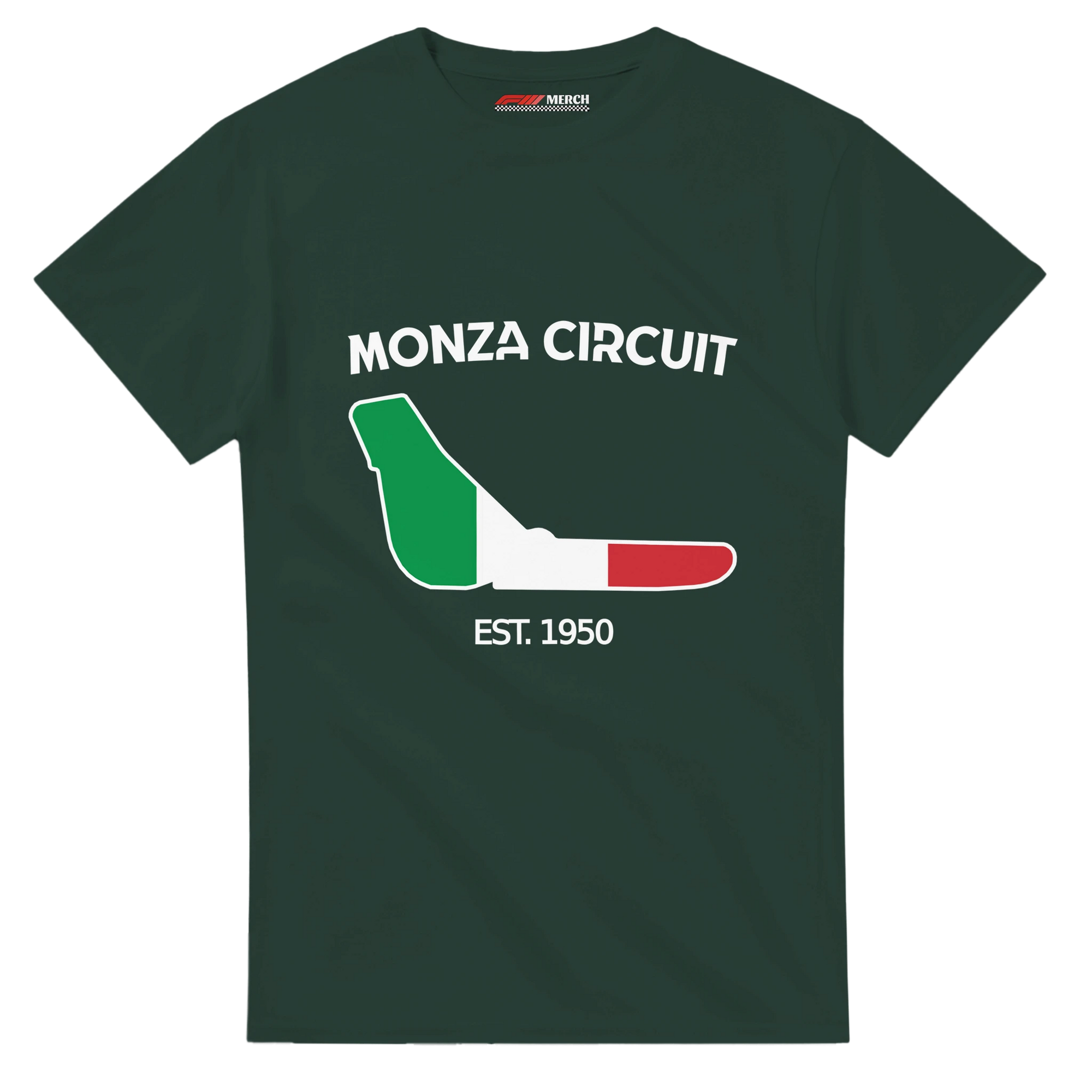 f111 merch forest-green color t-shirt1 with monza-circuit branding.