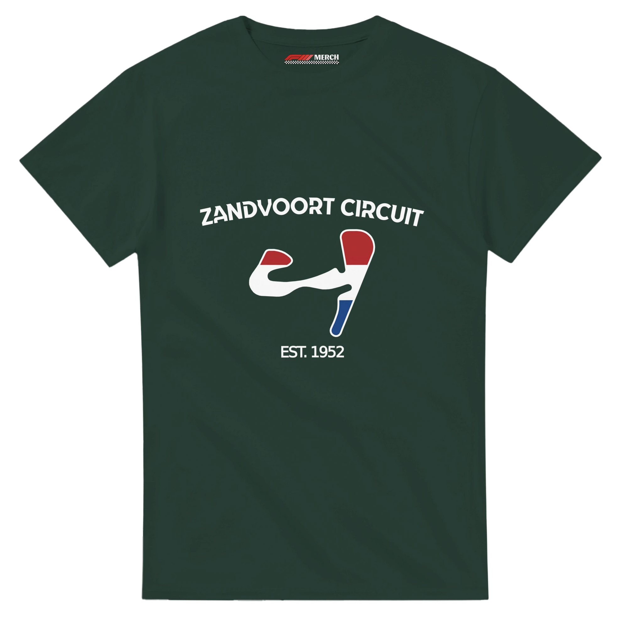 f111 merch forest-green color t-shirt1 with zandvoort-circuit branding.