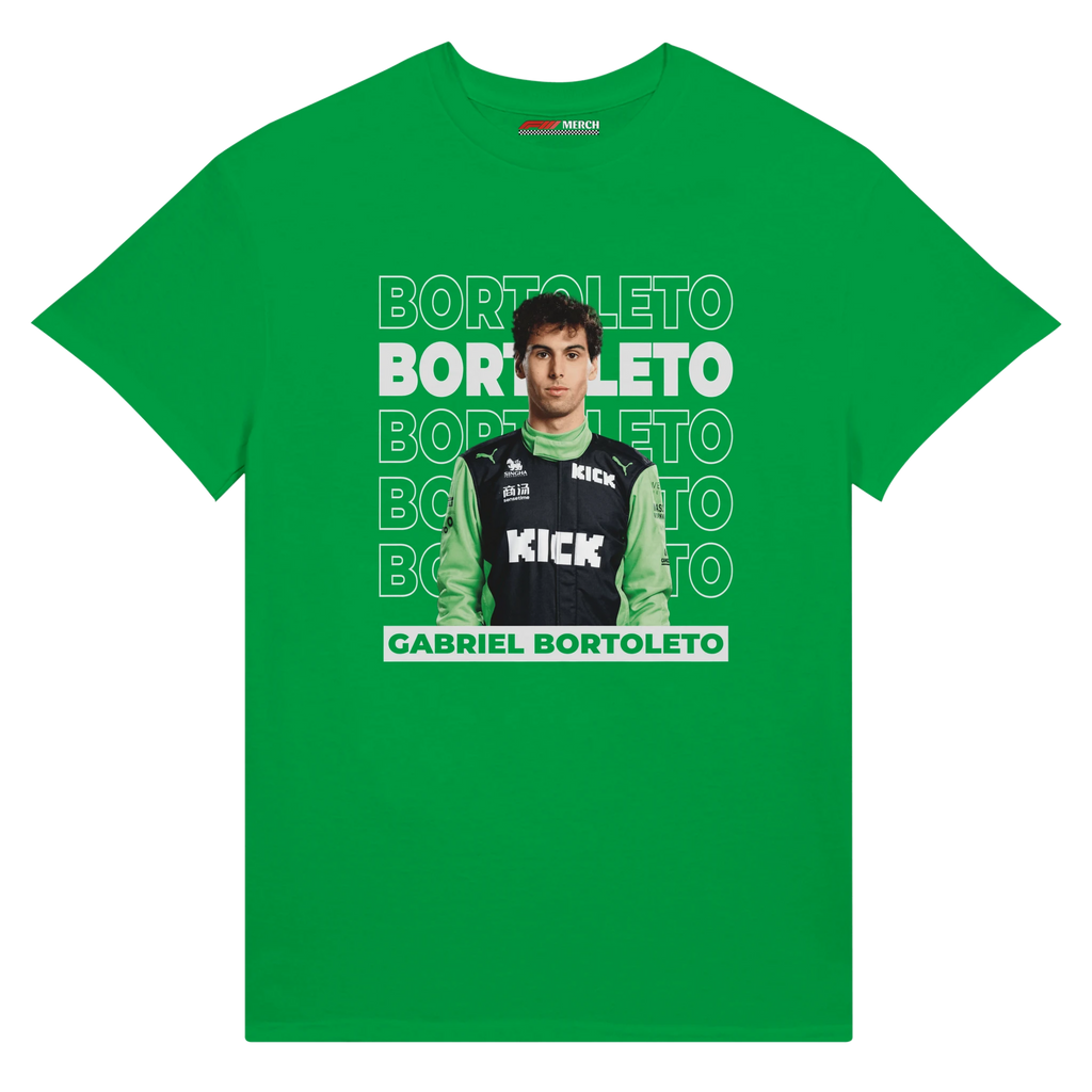 f111 merch irish-green color t-shirt1 with gabriel-bortoleto branding.