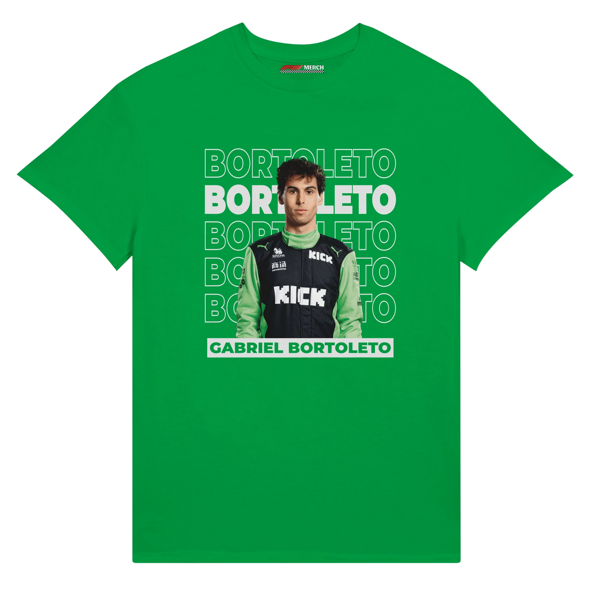 f111 merch irish-green color t-shirt1 with gabriel-bortoleto branding.