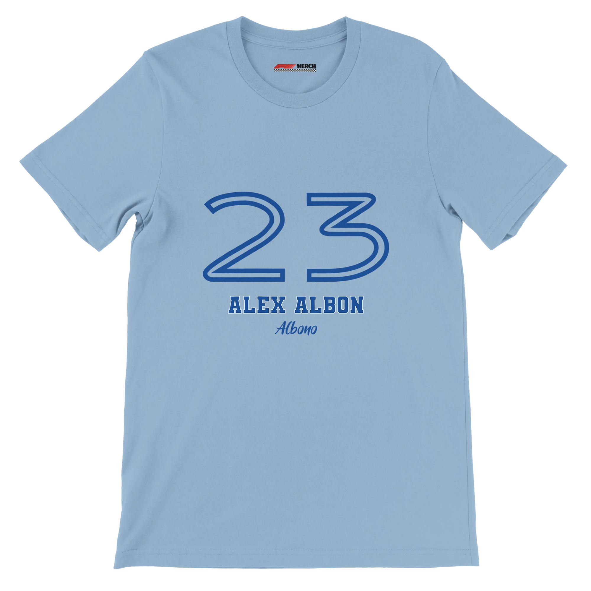 f111 merch light-blue color t-shirt1 with alex-albon branding.