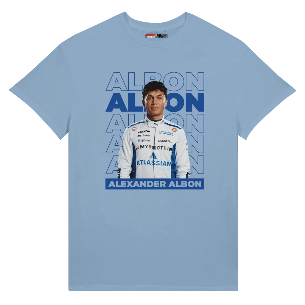 f111 merch light-blue color t-shirt1 with alex-albon branding.