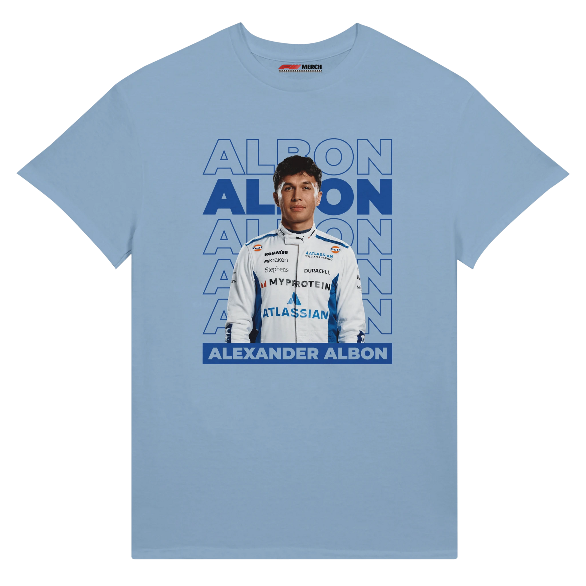 f111 merch light-blue color t-shirt1 with alex-albon branding.