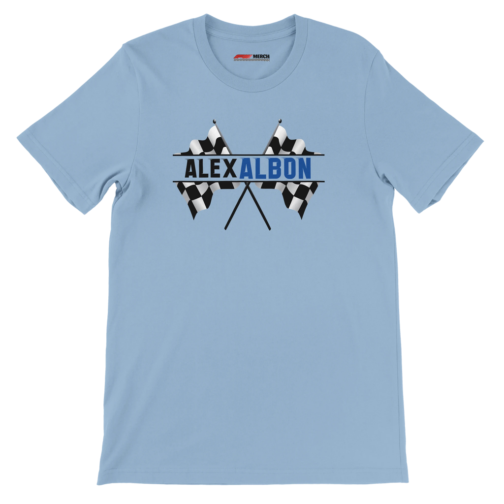 f111 merch light-blue color t-shirt1 with alex-albon branding.