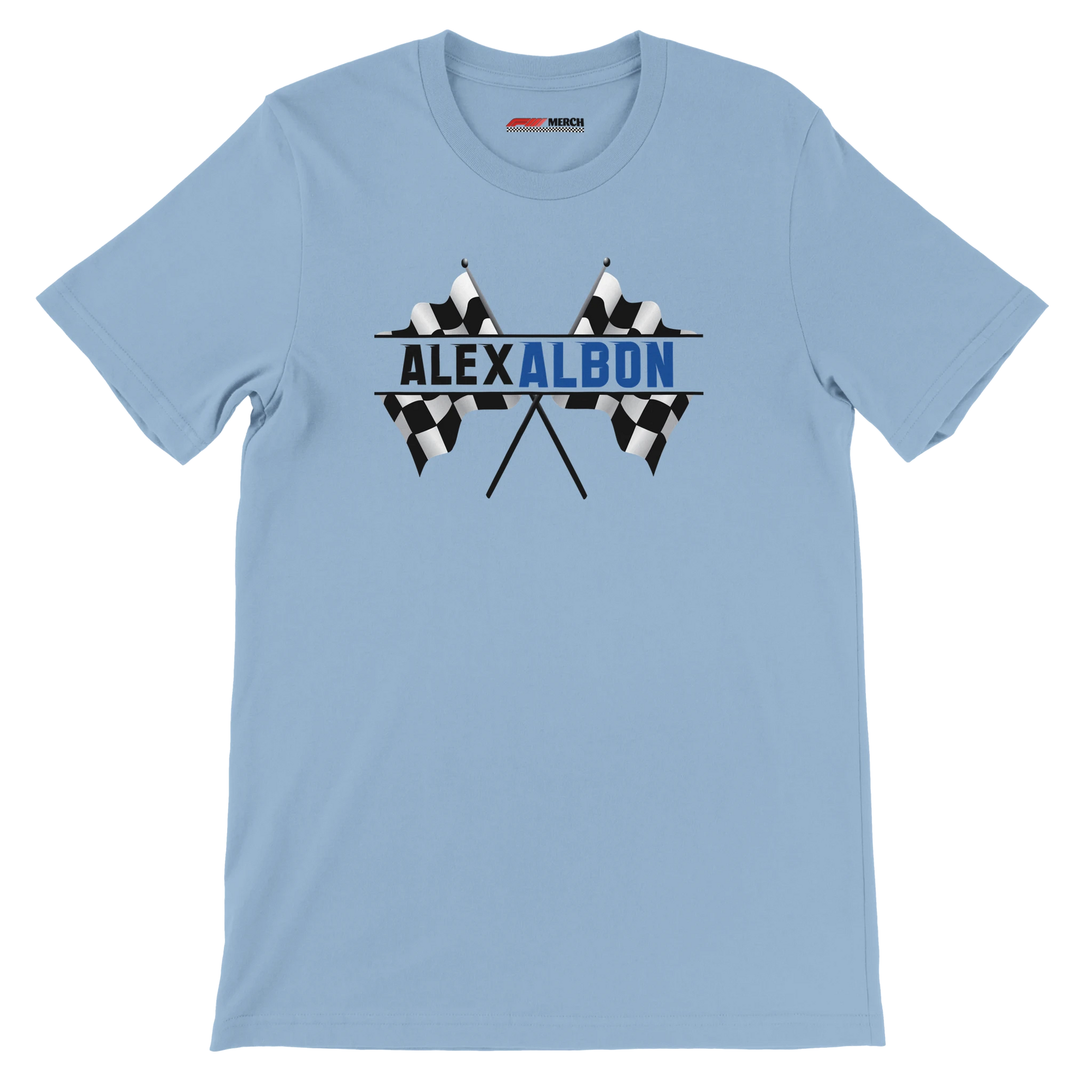 f111 merch light-blue color t-shirt1 with alex-albon branding.