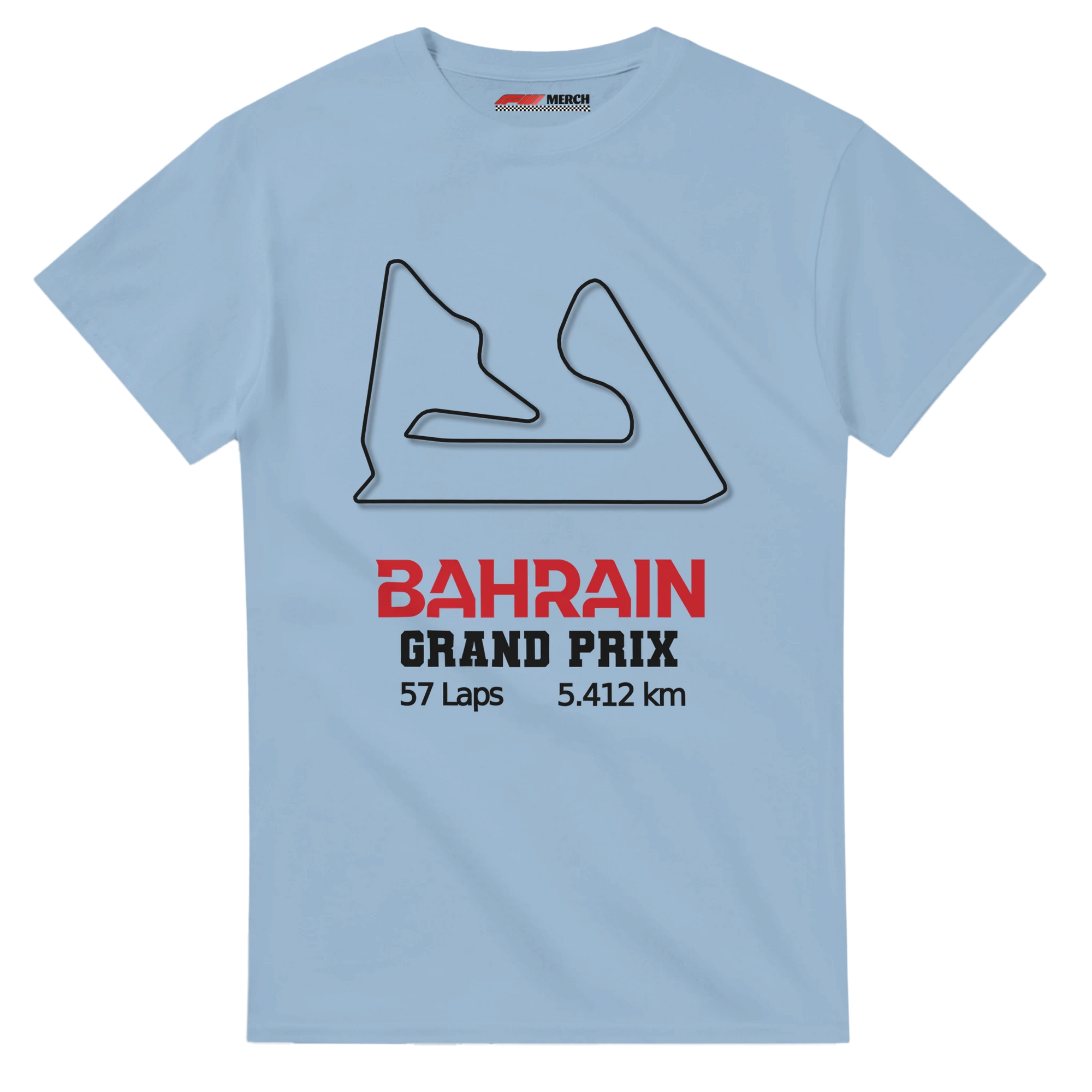 f111 merch light-blue color t-shirt1 with bahrain-grand-prix branding.