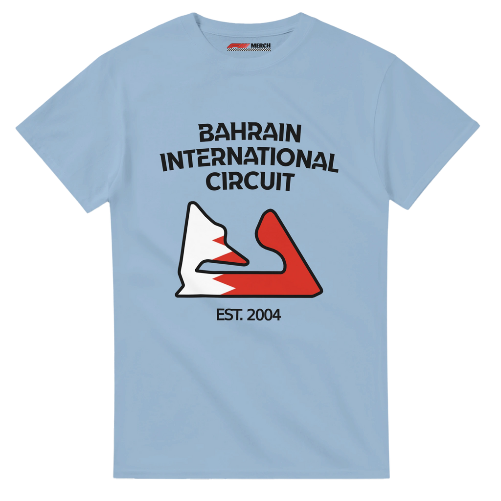 f111 merch light-blue color t-shirt1 with bahrain-international-circuit branding.