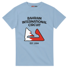 f111 merch light-blue color t-shirt1 with bahrain-international-circuit branding.