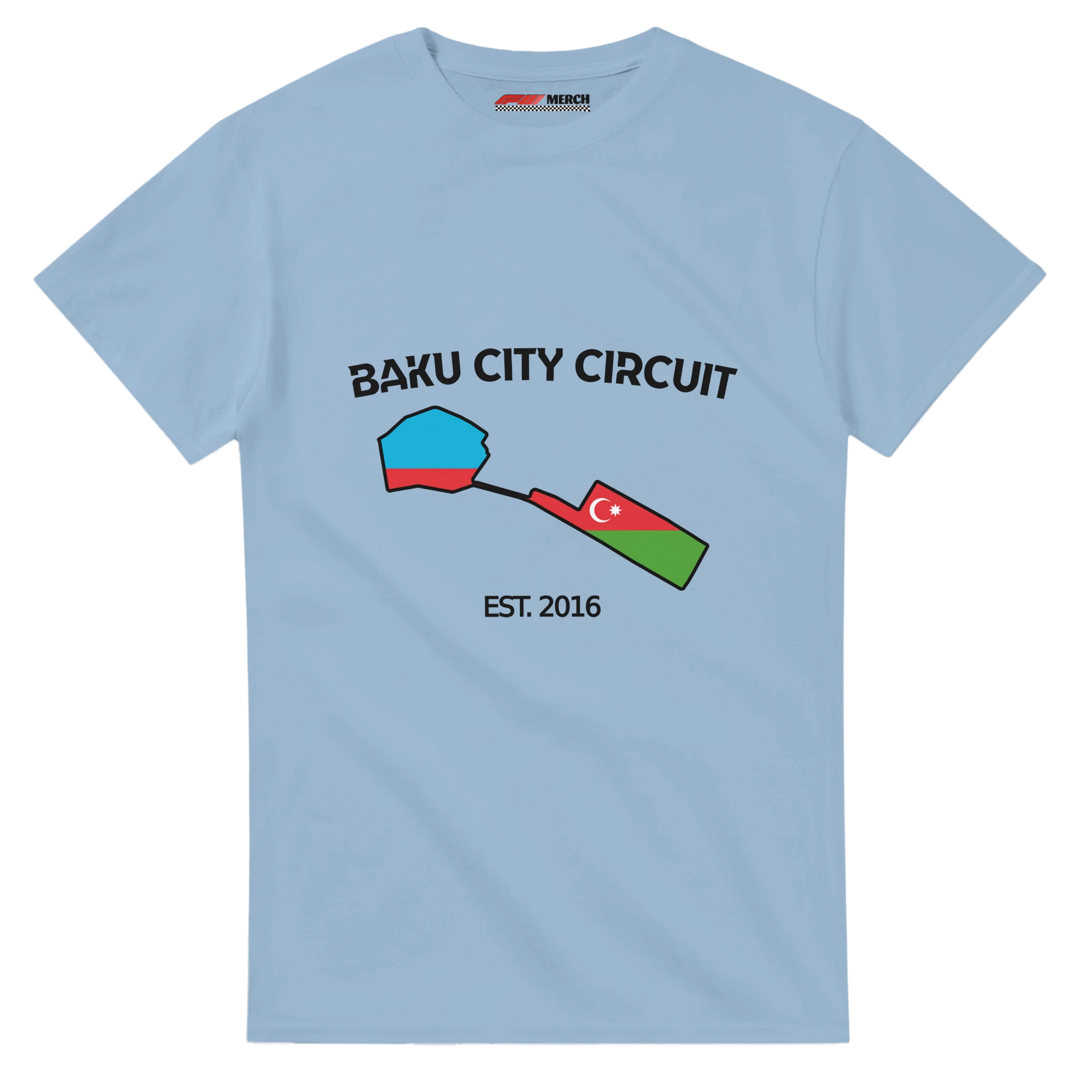 f111 merch light-blue color t-shirt1 with baku-city-circuit branding.