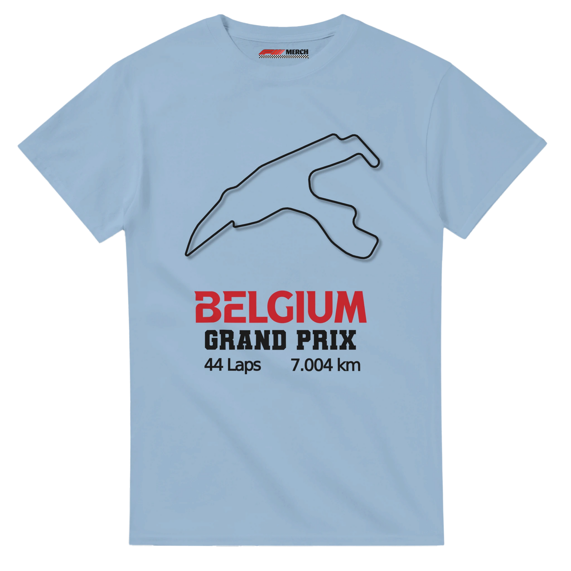 f111 merch light-blue color t-shirt1 with belgium-grand-prix branding.