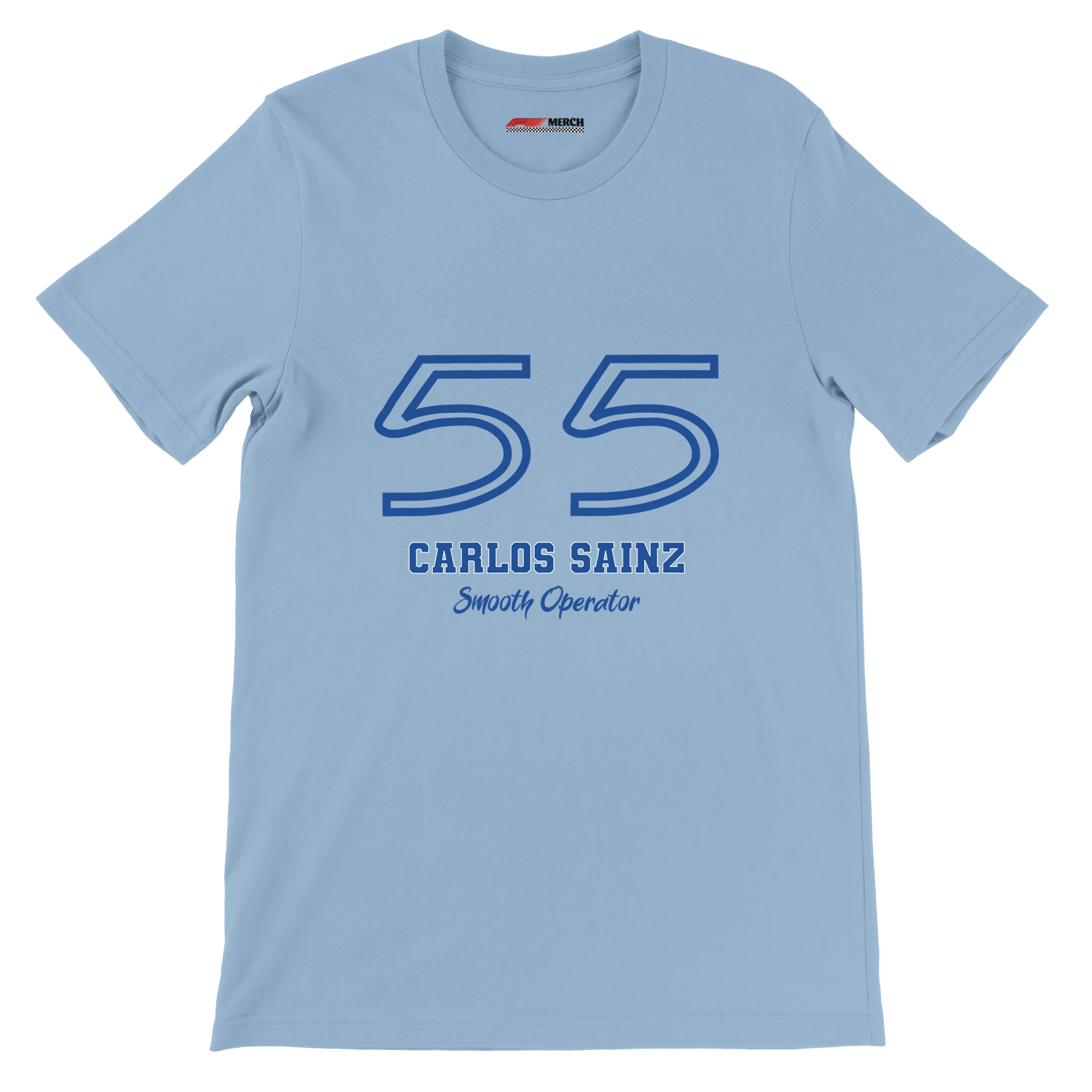 f111 merch light-blue color t-shirt1 with carlos-sainz branding.
