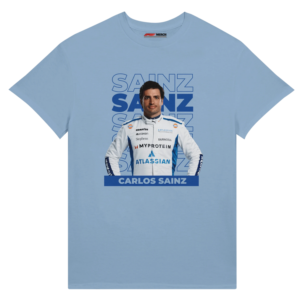 f111 merch light-blue color t-shirt1 with carlos-sainz branding.