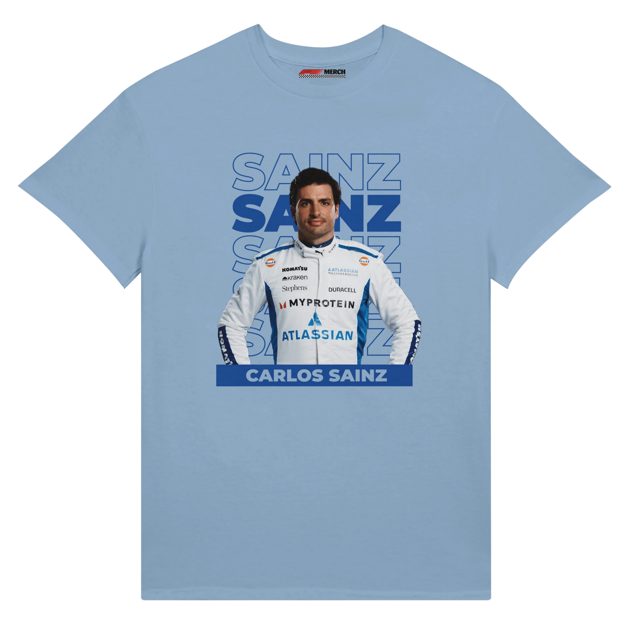 f111 merch light-blue color t-shirt1 with carlos-sainz branding.