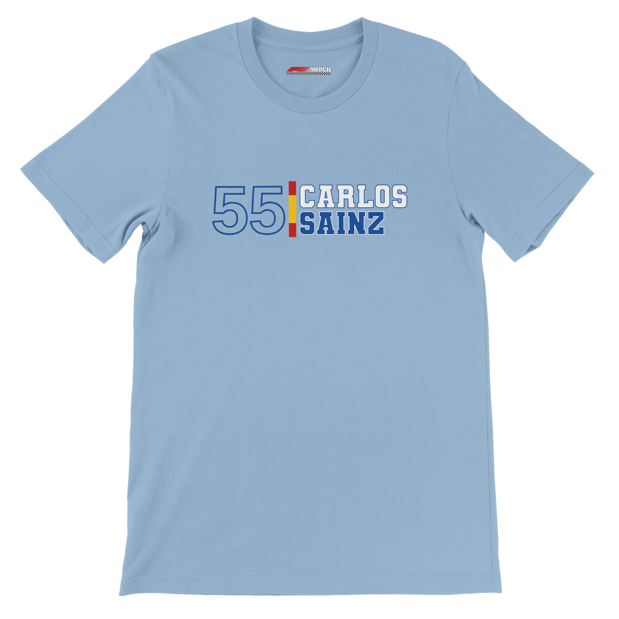 f111 merch light-blue color t-shirt1 with carlos-sainz branding.