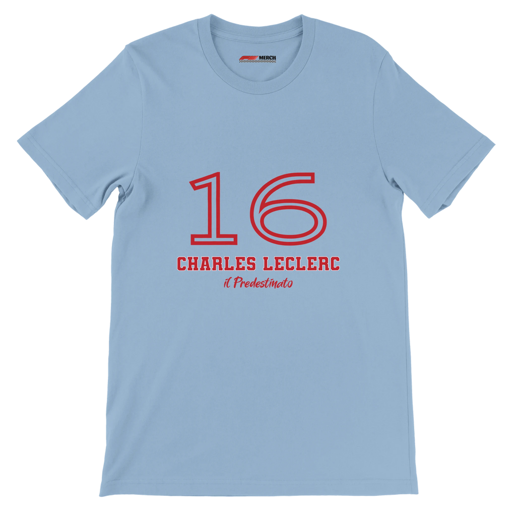 f111 merch light-blue color t-shirt1 with charles-leclerc branding.