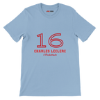 f111 merch light-blue color t-shirt1 with charles-leclerc branding.