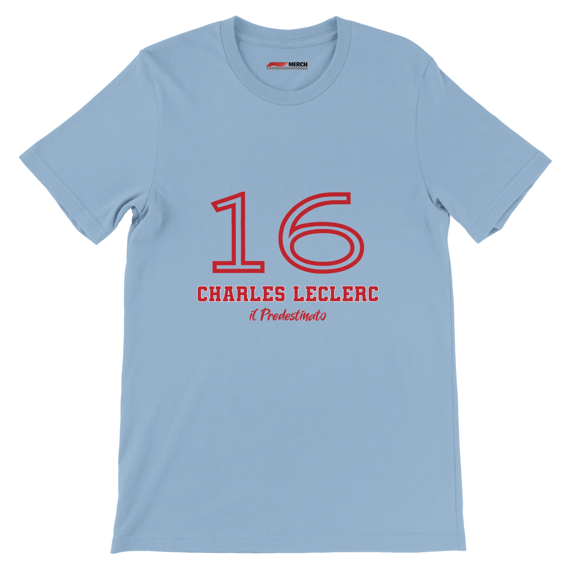 f111 merch light-blue color t-shirt1 with charles-leclerc branding.