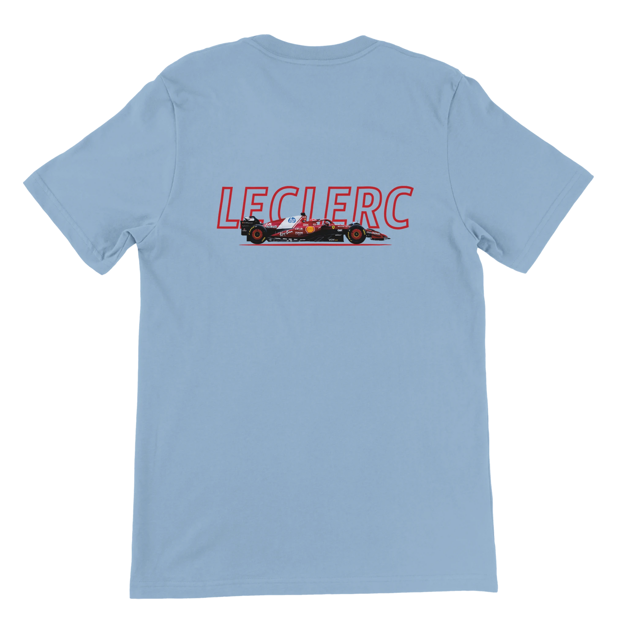 f111 merch light-blue color t-shirt1 with charles-leclerc branding.