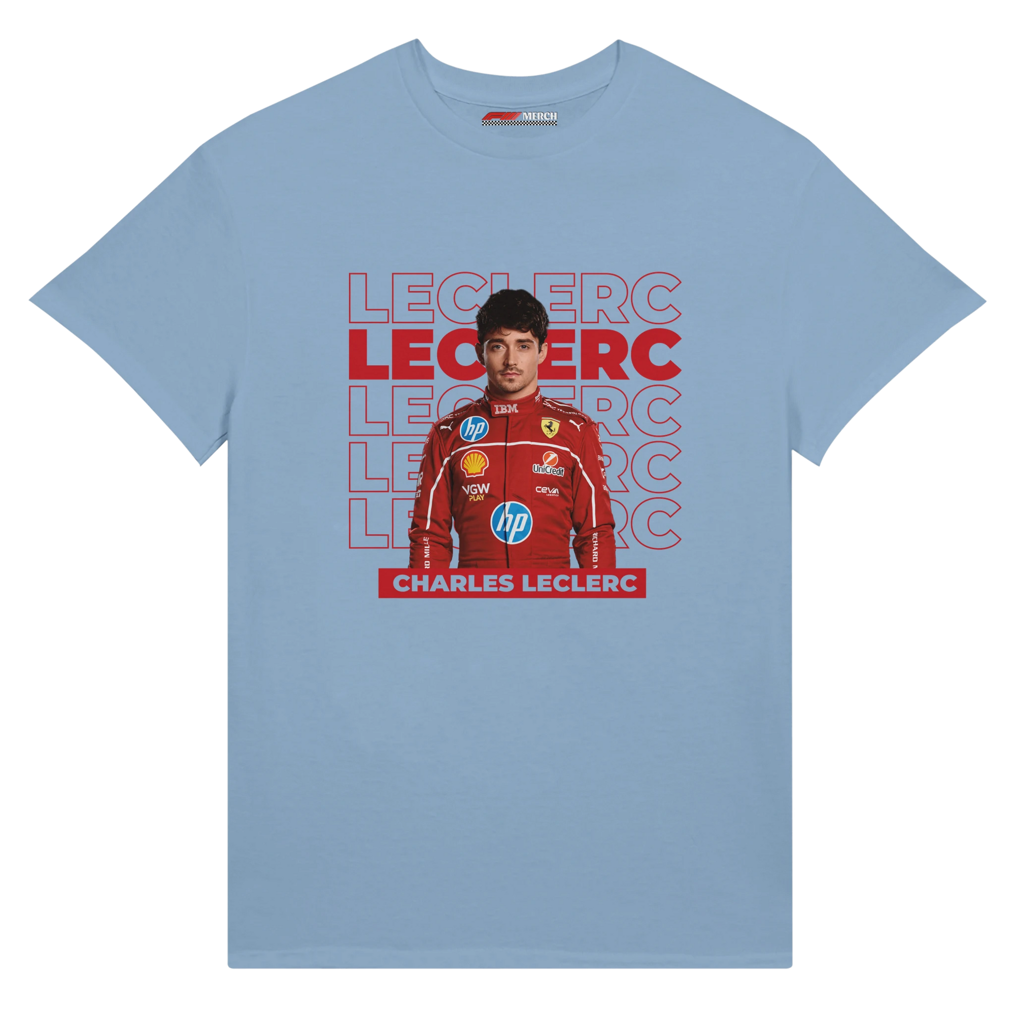 f111 merch light-blue color t-shirt1 with charles-leclerc branding.