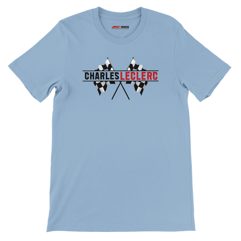 f111 merch light-blue color t-shirt1 with charles-leclerc branding.