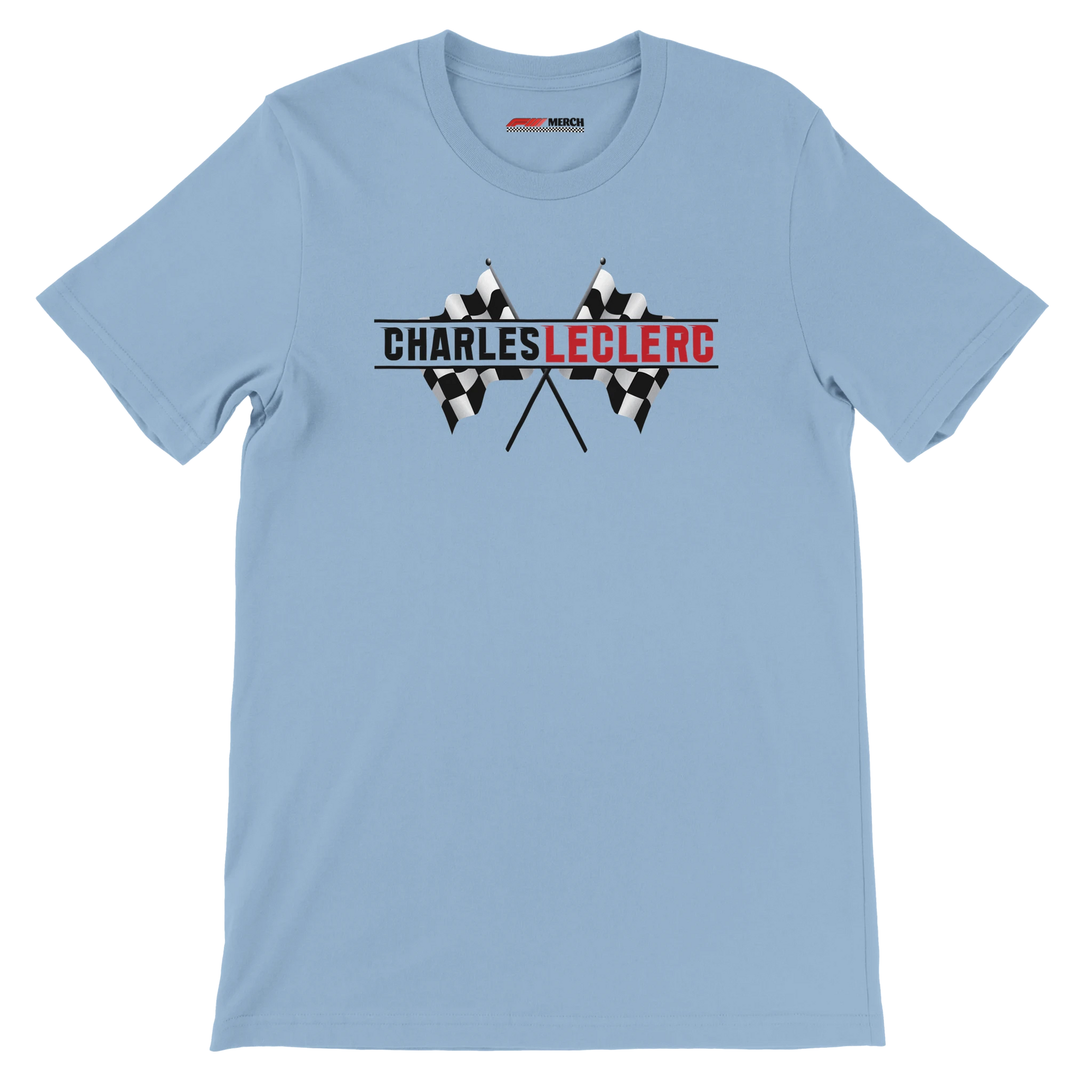 f111 merch light-blue color t-shirt1 with charles-leclerc branding.