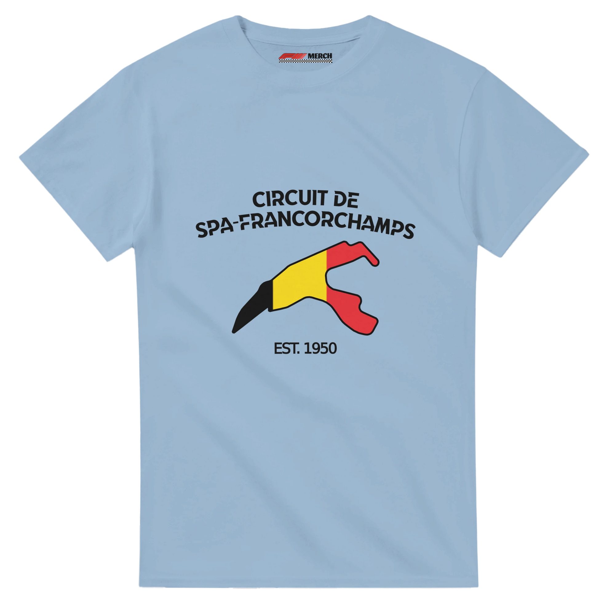 f111 merch light-blue color t-shirt1 with circuit-de-spa-francorchamps branding.
