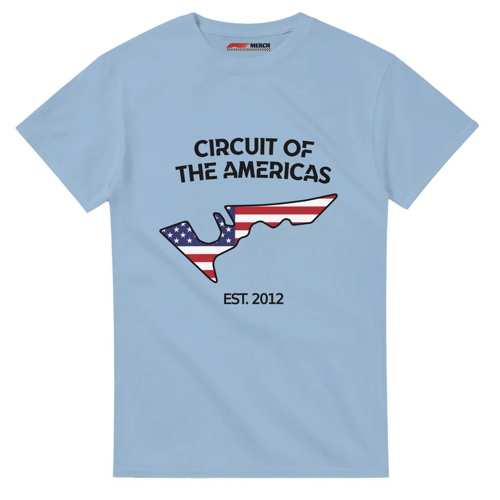 f111 merch light-blue color t-shirt1 with circuit-of-the-americas branding.