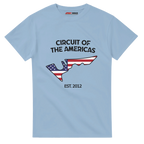 f111 merch light-blue color t-shirt1 with circuit-of-the-americas branding.