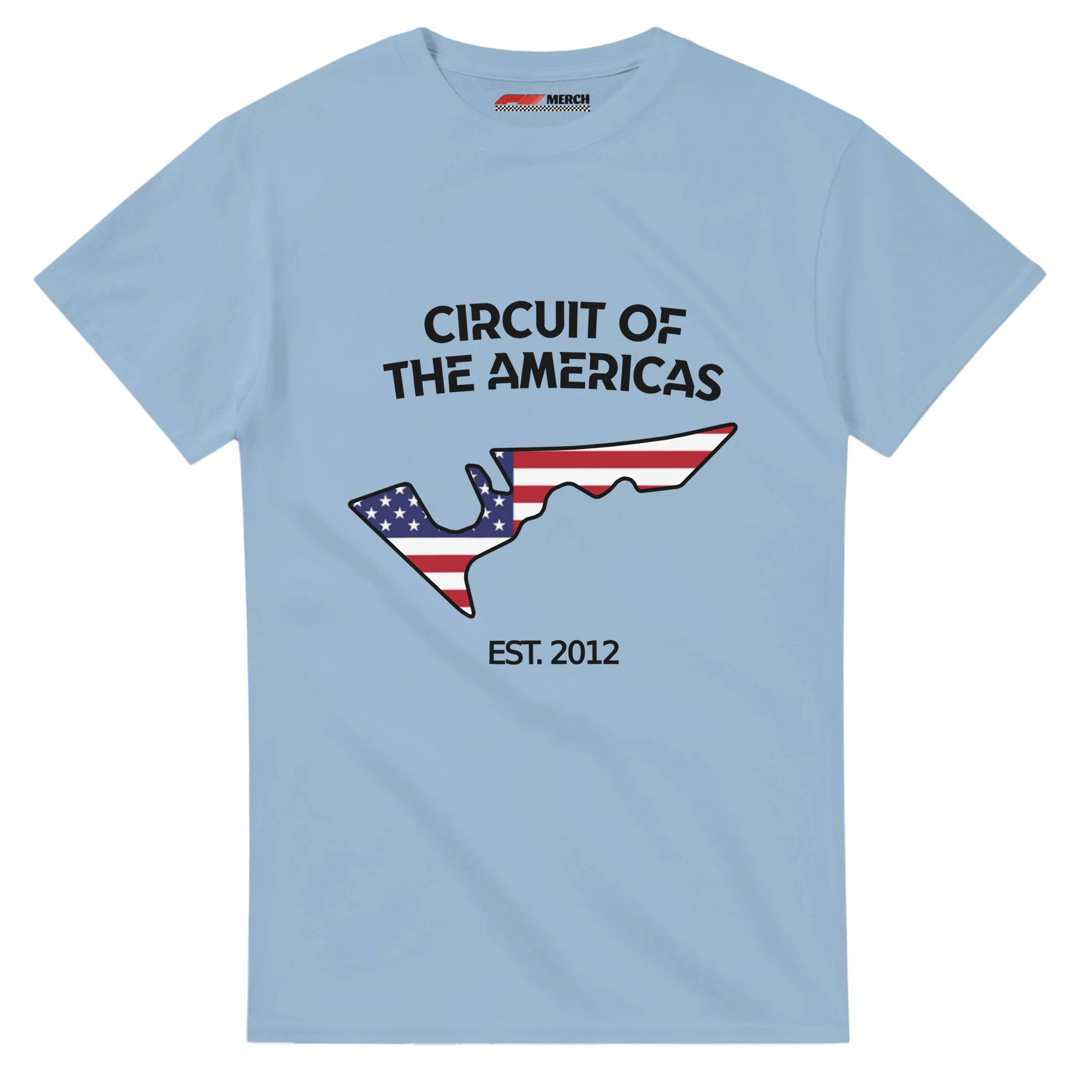f111 merch light-blue color t-shirt1 with circuit-of-the-americas branding.