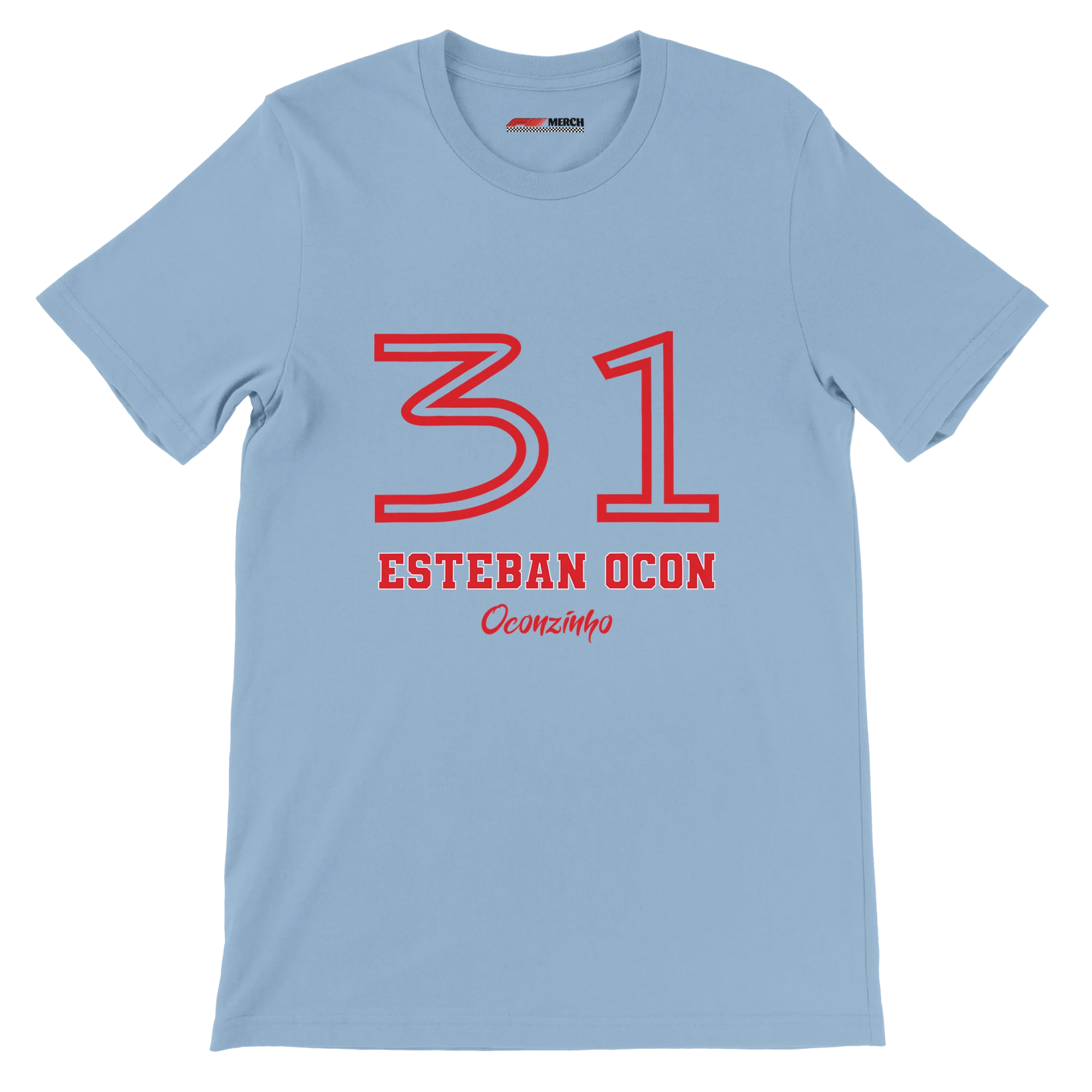 f111 merch light-blue color t-shirt1 with esteban-ocon branding.
