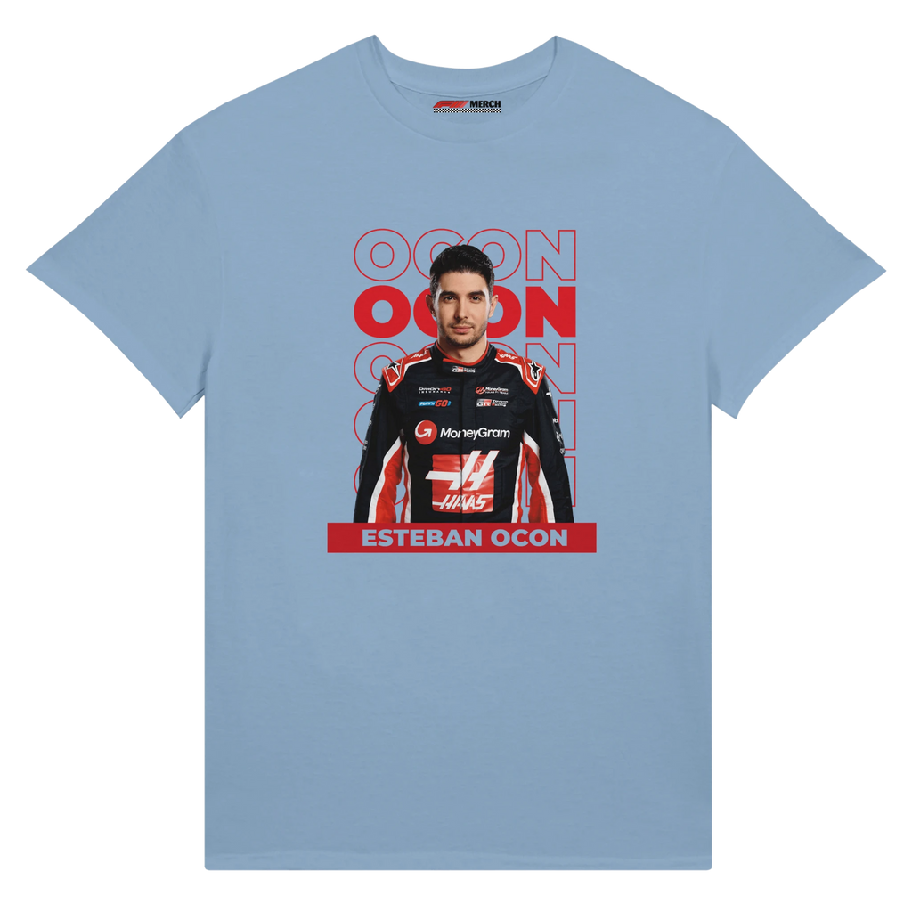 f111 merch light-blue color t-shirt1 with esteban-ocon branding.