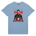 f111 merch light-blue color t-shirt1 with esteban-ocon branding.