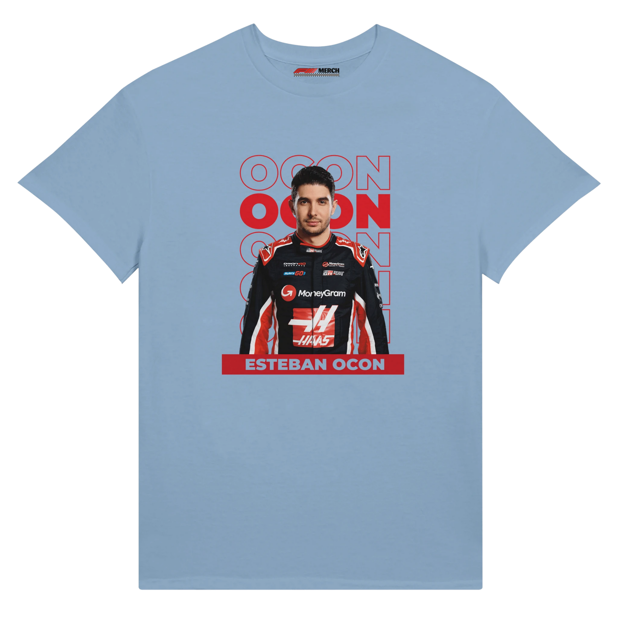 f111 merch light-blue color t-shirt1 with esteban-ocon branding.