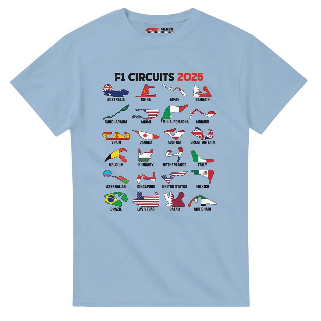 f111 merch light-blue color t-shirt1 with f1-circuits-2025-v2 branding.