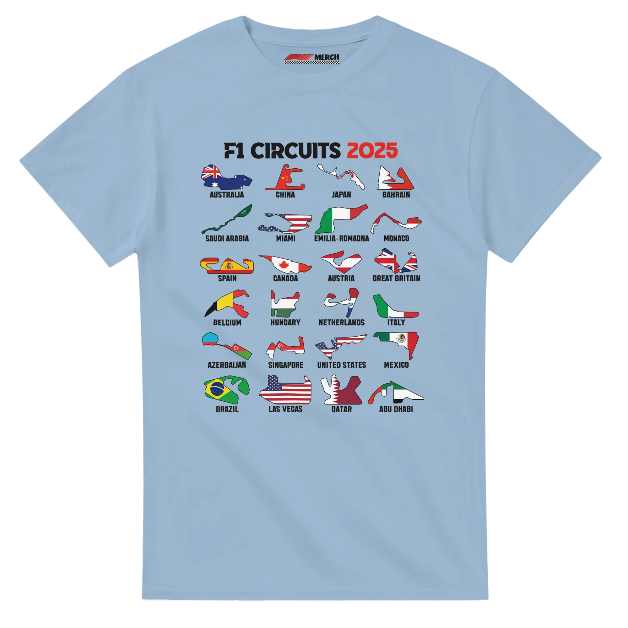 f111 merch light-blue color t-shirt1 with f1-circuits-2025-v2 branding.
